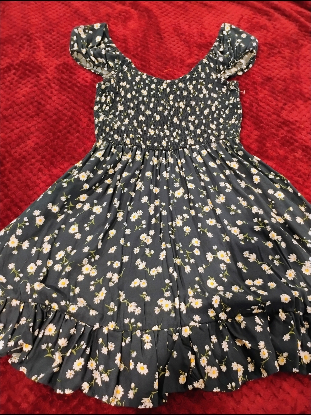 PASSPORT Daisy Floral Smocked Mini Dress Dark Blue/Navy Size L Puff Sleeve